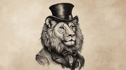 A regal lion with a top hat and bow tie, drawn in a vintage style.