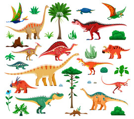 Prehistoric dinosaurs and Jurassic era lizards collection of funny dinos, vector cartoon characters. Prehistoric dinosaurs, birds and reptiles, styracosaurus and arrhinosurus, tapejara and henodus