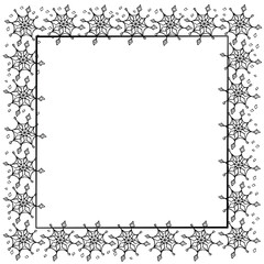 Winter vector square frame of black snowflakes. Hand drawn border, isolated. Background, backdrop, template for theme of Snowfall, Christmas, new year