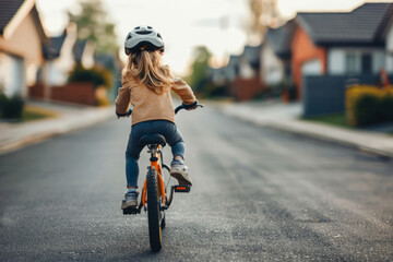 Little girl wearing safety helmet learning to ride bicycle on street among suburban houses. Young child riding an orange bicycle. Outdoors activities