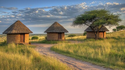 Obraz premium Scenic view of traditional huts surrounded by grasslands and trees under a cloudy sky.