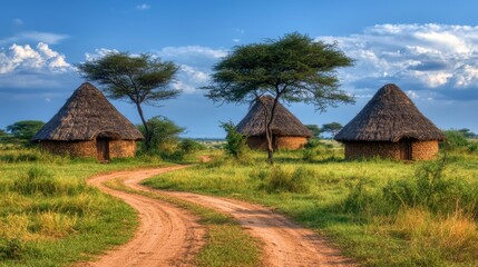 Obraz premium A scenic view of traditional huts along a dirt path in a lush green landscape.