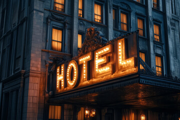 Obraz premium Illuminated hotel sign on glass facade of modern building in the night