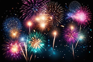 Colorful fireworks lighting up the night sky in celebration, with bright explosions and sparkling stars, perfect for a festive holiday or New Year's event