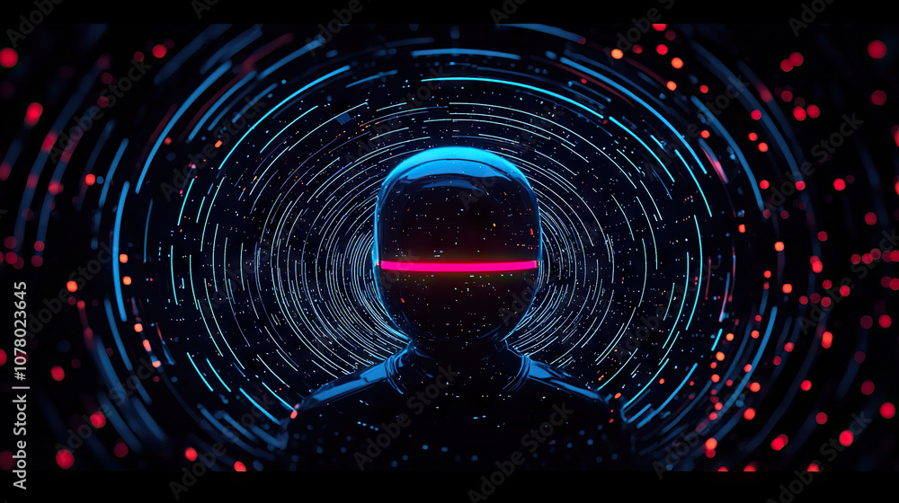 Poster futuristic digital background featuring glowing figure with vibrant neon aura, surrounded by swirlin