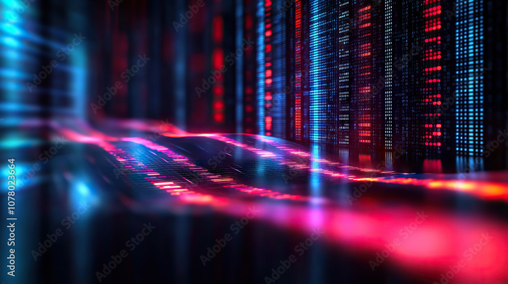 Poster abstract digital background with vibrant blue and red lights creating flowing wave effect, perfect f