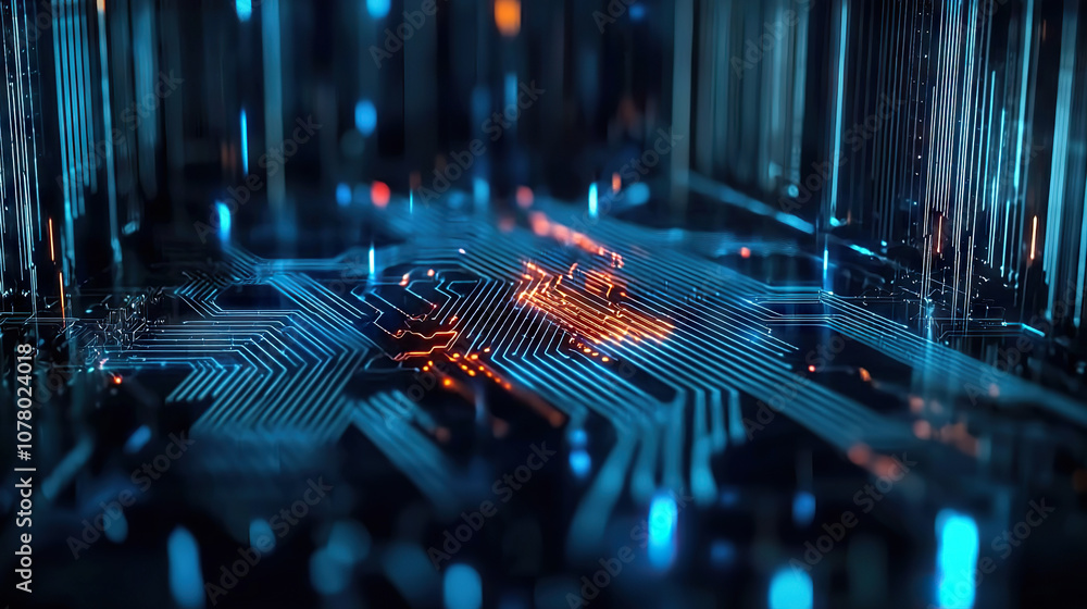 Poster close up view of futuristic circuit board with glowing lines and patterns, showcasing vibrant blue a