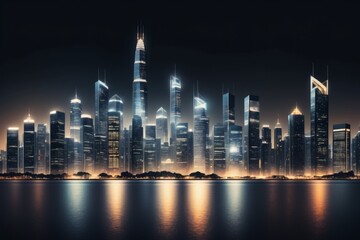 Obraz premium Beautiful night skyline of city with the iconic skyscraper illuminated on water