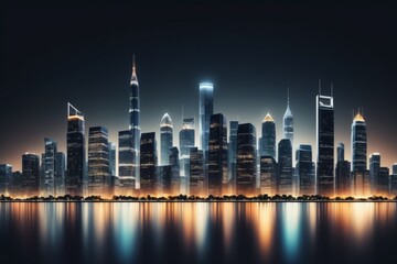 Obraz premium Beautiful night skyline of city with the iconic skyscraper illuminated on water