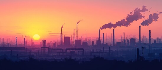 Fototapeta premium Silhouette of a factory with smokestacks at sunset.