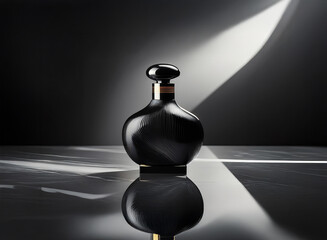 A black perfume bottle with a gold top sits on a white marble surface, illuminated by a single spotlight.