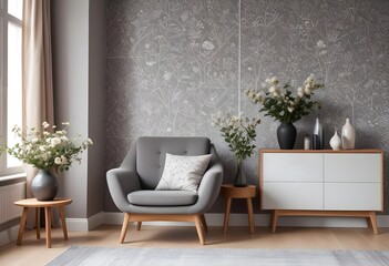 Scandinavian living room interior design zoom background,Doodle patterned wallpaper graphics