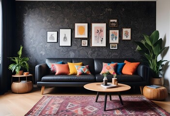 Scandinavian living room interior design zoom background,Doodle patterned wallpaper graphics