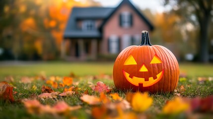 Obraz premium A bright orange pumpkin with a playful smile carved into it rests on a soft bed of grass next to a quaint house, surrounded by vibrant autumn colors.