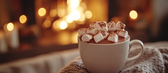 Hot chocolate with marshmallows in a white mug on a blanket in front of a fireplace.