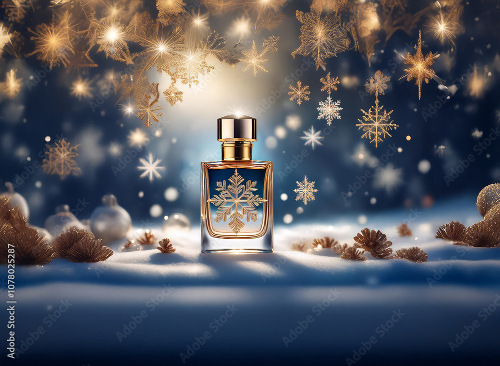 Poster a perfume bottle with a snowflake design sits in a winter wonderland scene with sparkling lights and
