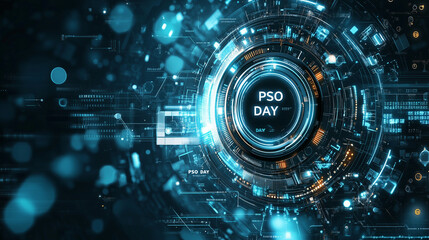 Exploring the futuristic digital landscape on PSO Day featuring vibrant blue circuitry and holographic designs.