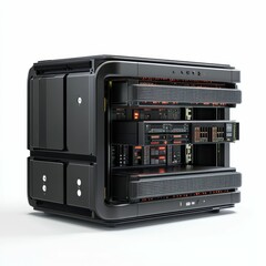 Black server rack with red lights.