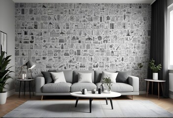 Scandinavian living room interior design zoom background,Doodle patterned wallpaper graphics