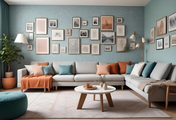 Scandinavian living room interior design zoom background,Doodle patterned wallpaper graphics