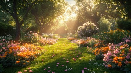 Obraz premium A serene garden path surrounded by vibrant flowers and sunlight.