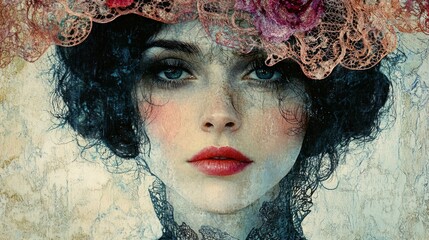 An elegant portrait of a woman with delicate features and a striking floral headdress. The artwork captures a vintage style with rich colors and intricate details. A true masterpiece. AI