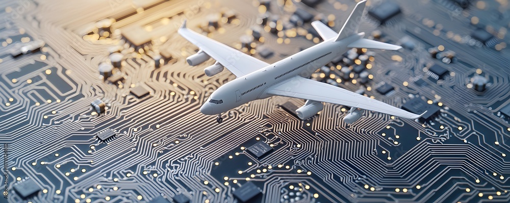 Poster miniature airplane on circuit board - detailed tiny plane over microchips and capacitors glowing pat