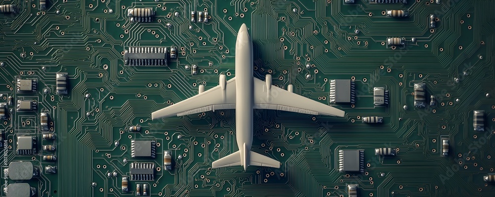 Poster miniature airplane model on circuit board - intricate green circuitry with micro-resistors and silve