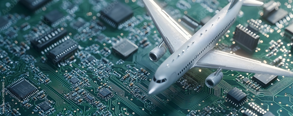 Aufkleber miniature plane on circuit board - realistic aircraft model showcasing silver components and green p