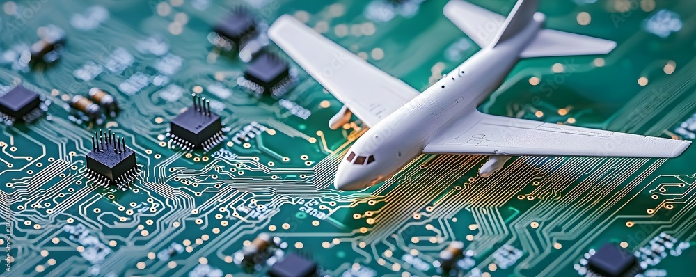 Poster miniature airplane on circuit board - captivating close-up of tiny plane hovering over intricate gre