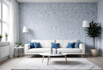 Scandinavian living room interior design zoom background,Doodle patterned wallpaper graphics