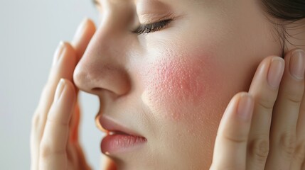 A close-up of a woman gently touching her nose with a noticeable red spot, emphasizing skincare, sensitivity, or health concerns in a clean and minimalistic background.