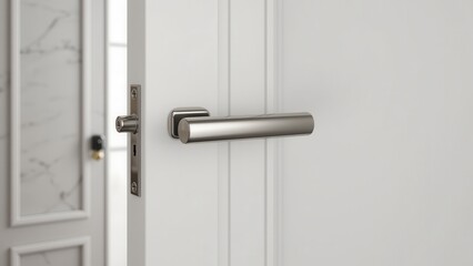Modern door knocker for contemporary properties. A sleek chrome door handle is installed on a white modern door, contrasting against an intricately carved door in the background.