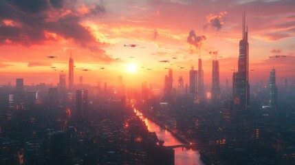 Futuristic Cityscape at Sunset with Vibrant Colors