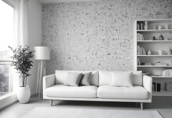 Scandinavian living room interior design zoom background,Doodle patterned wallpaper graphics