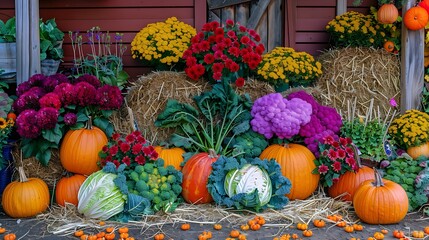 A colorful and festive autumn composition featuring multicolored mum flowers, pumpkins, and vegetables on a hay bale porch, set in a vibrant home yard for Halloween decor.