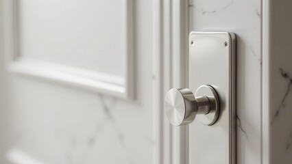 Modern door knocker for contemporary properties. A sleek chrome door handle is installed on a white modern door, contrasting against an intricately carved door in the background.