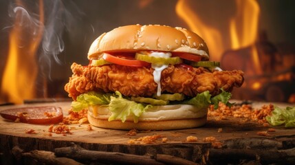 Crispy Chicken Burger with Smoky Background