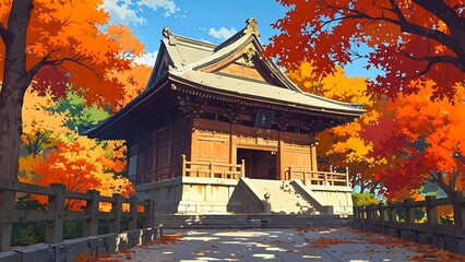 Fototapeta premium Japanese house made from wood Animated anime landscape panorama autumn scene 