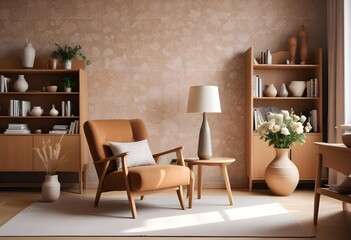Scandinavian living room interior design zoom background,Doodle patterned wallpaper graphics