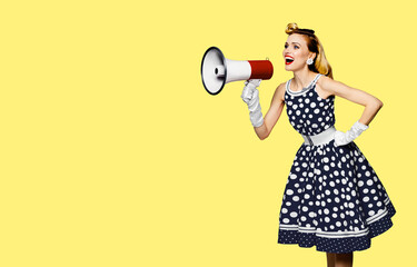Image - happy pin up beautiful woman shout mega phone megaphone advertisement. Pinup girl advertise...
