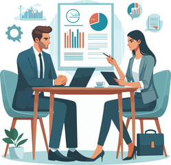 Partners meeting for business discussion with documents and laptop on desk. Couple at round table, speaking, discussing work, partnership. Flat vector on a white background