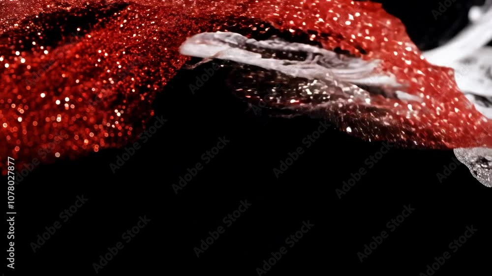 Poster dynamic drops of red and white glitter in black oil or ink diffusing through liquid, creating an abs