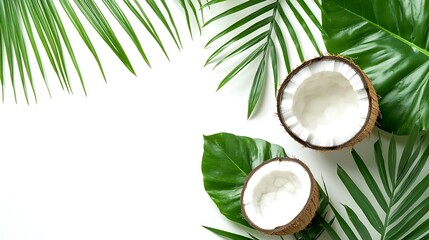 Coconut and Palm Leaves with Water Splashes