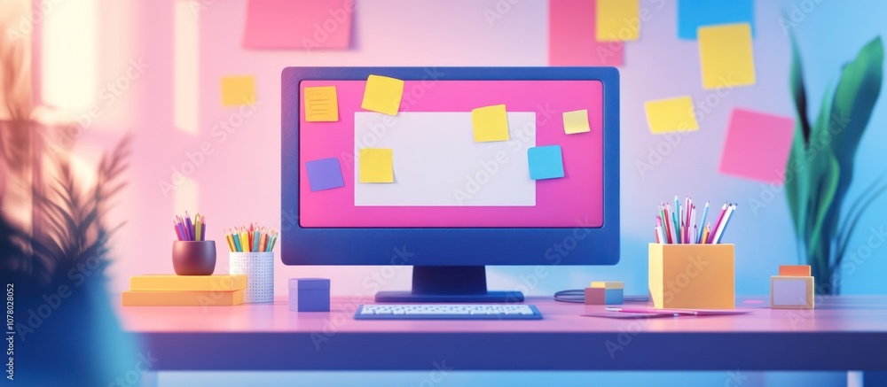 Poster a computer with a blank screen and colorful sticky notes on a pink background.