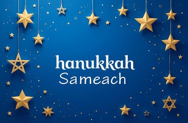 Naklejka premium Festive Hanukkah card. gold Stars of David on blue background. The text 