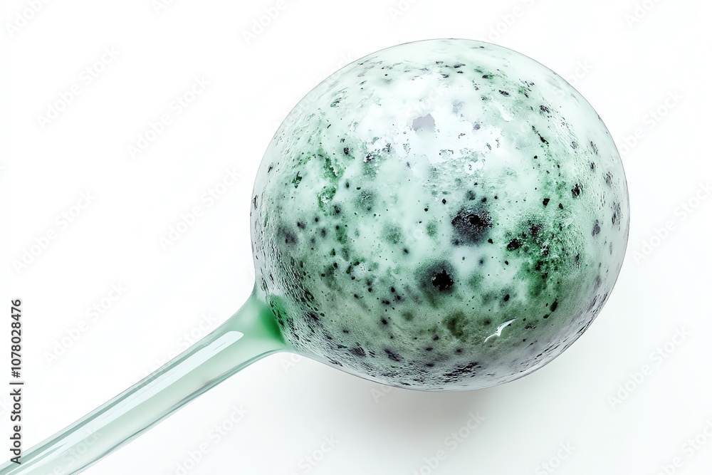 Poster a green glass sphere with a textured surface sits on a white background. it has a long, thin stem.