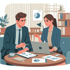Partners meeting for business discussion with documents and laptop on desk. Couple at round table, speaking, discussing work, partnership. Flat vector on a white background