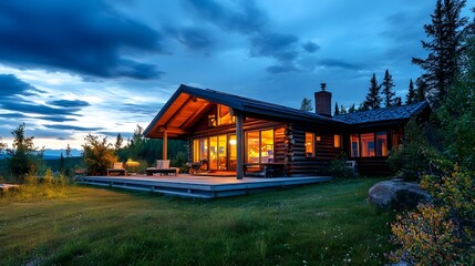 Scandinavian Home Exterior at Dusk with Cozy Lighting