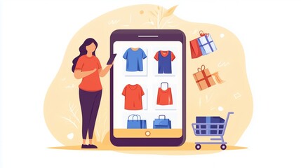 Fototapeta premium Illustration of a woman using mobile phone for online shopping and ordering clothes